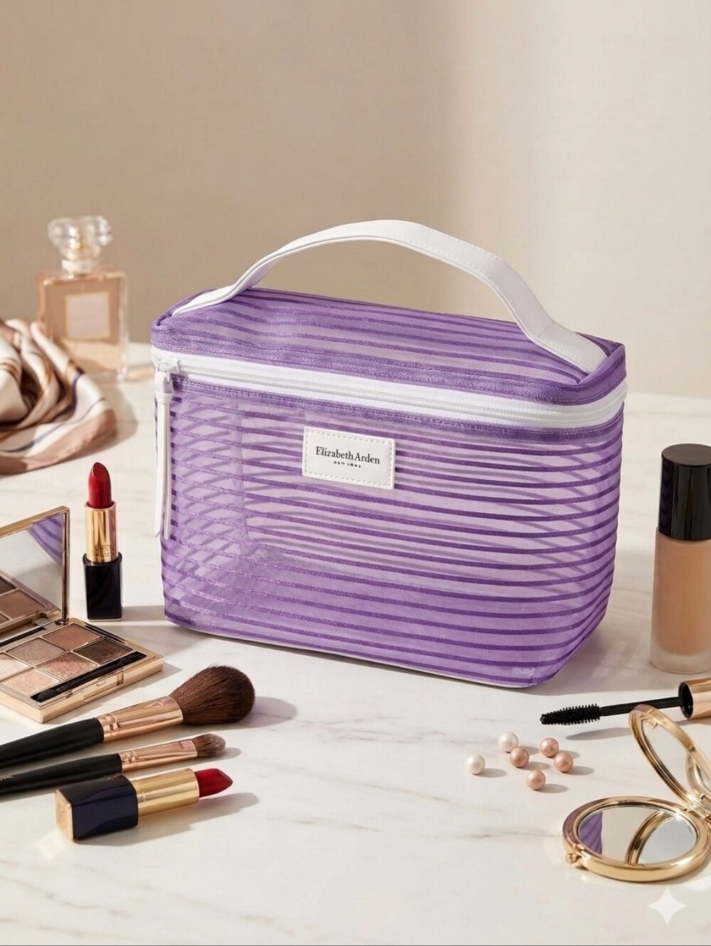 Elizabeth Arden Purple Striped Sheer Cosmetic Pouch